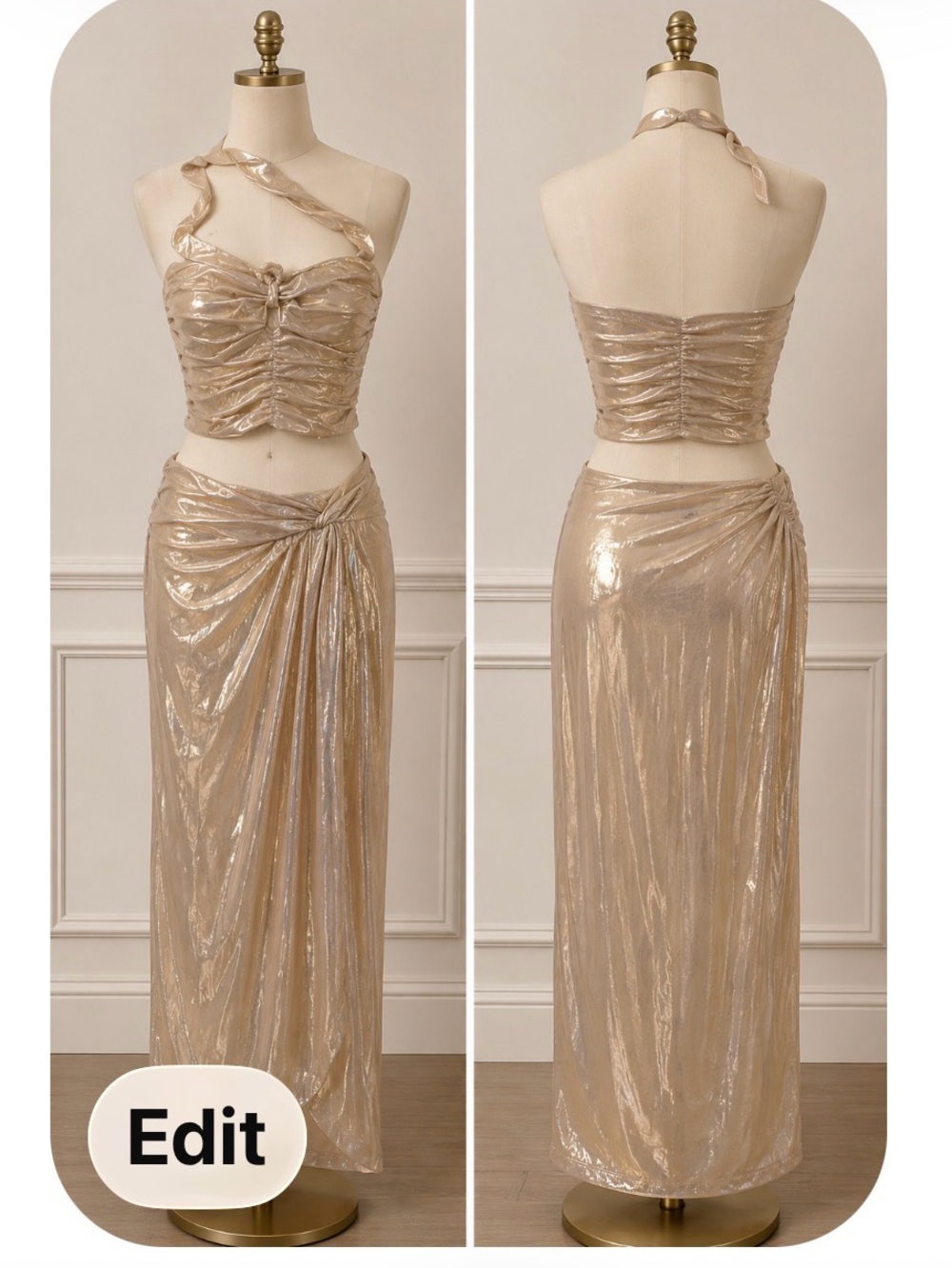 Aqua Metallic Champagne Two-Piece Skirt Set